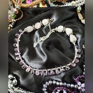 Handmade Rose Quartz & Amethyst Teardrop Beaded Necklace - Clasp Stamped 925